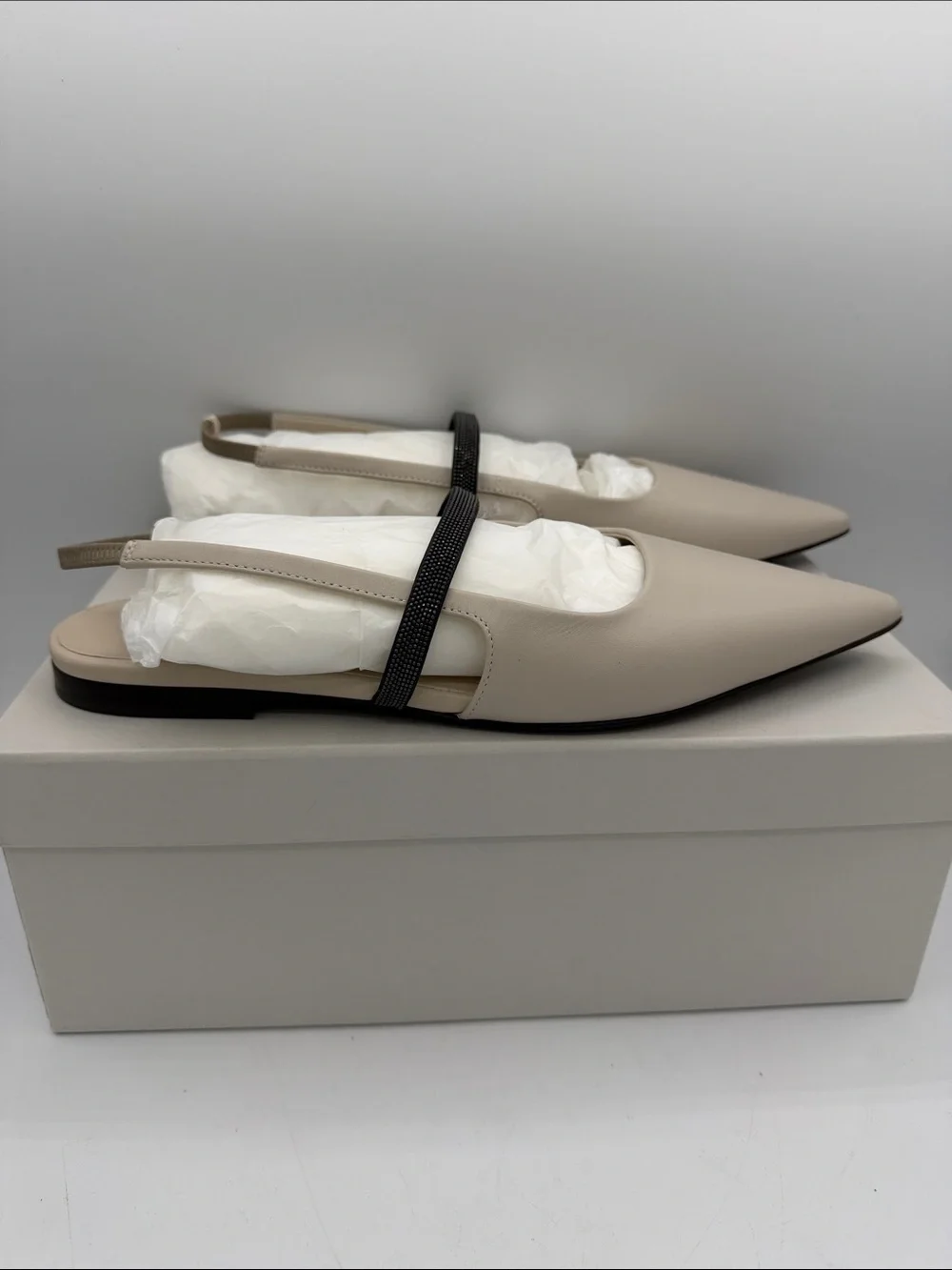 Brunello Cucinelli Monili Slingback Leather Ballet Flats White Size 39 EU / 9 US